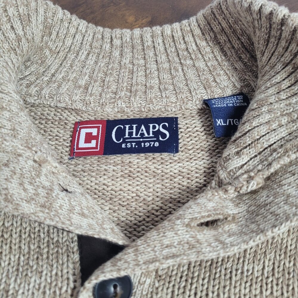 Chaps Men's Sweater XL Brown Button Mock Neck Knit Long Sleeve Cotton Preppy